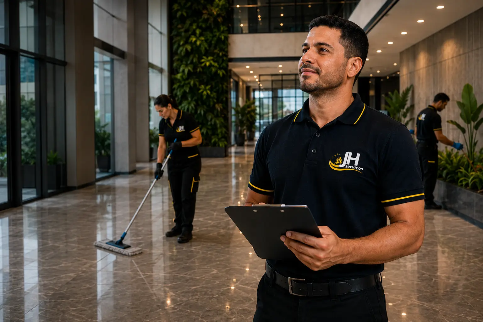 Equipe profissional da JH Serviços preparada para limpeza pós-evento